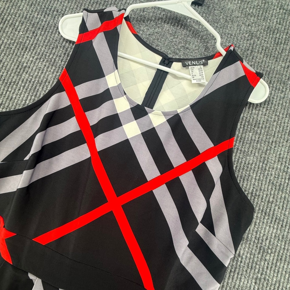 Venus Fit Flare Dress Women XL Black Red Plaid Floral Sleeveless Excellent